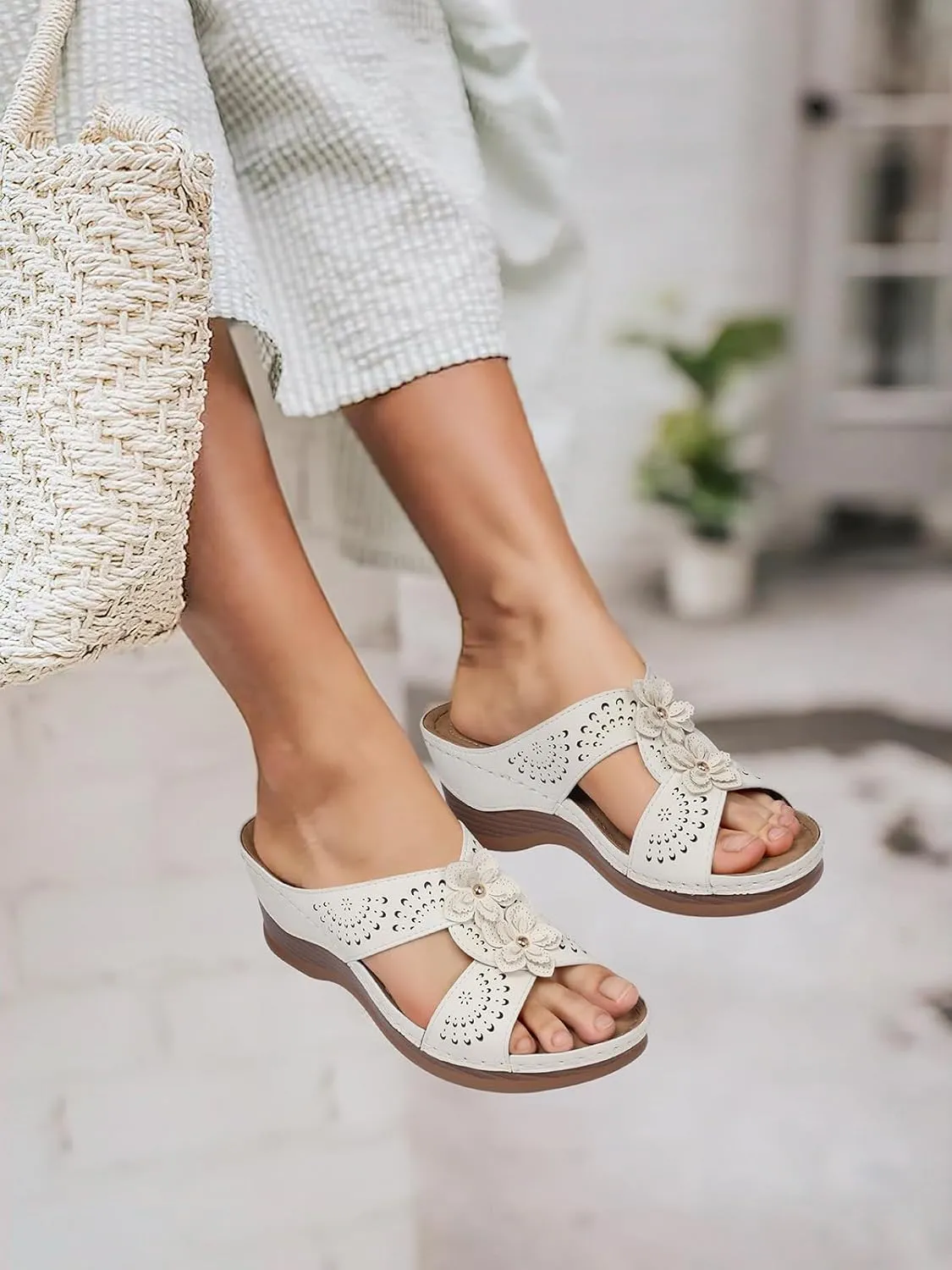 TEMOFON Womens Wedge Sandals Leather: Dressy Sandal, Rubber Sole, Comfortable Walking, Casual Slip on Summer Shoes, Size 5-11