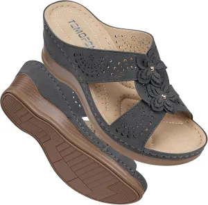 TEMOFON Womens Wedge Sandals Leather: Dressy Sandal, Rubber Sole, Comfortable Walking, Casual Slip on Summer Shoes, Size 5-11