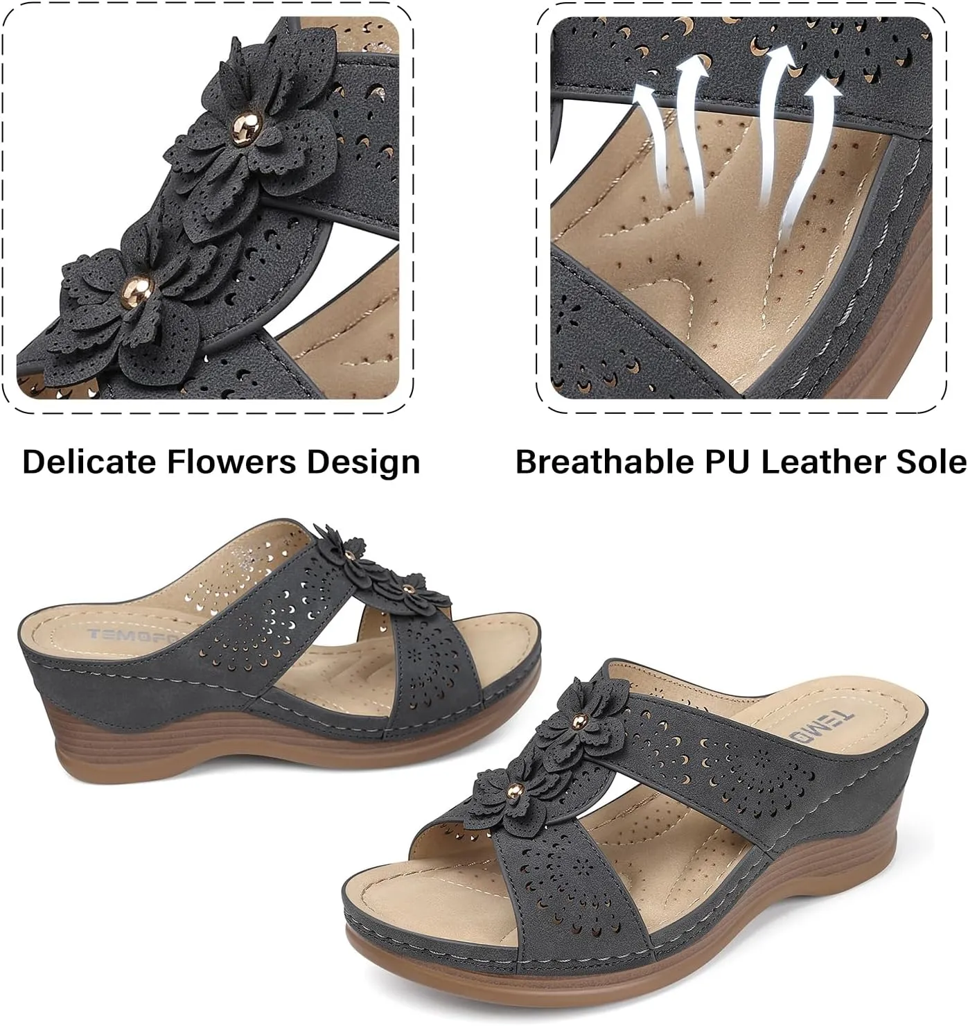 TEMOFON Womens Wedge Sandals Leather: Dressy Sandal, Rubber Sole, Comfortable Walking, Casual Slip on Summer Shoes, Size 5-11