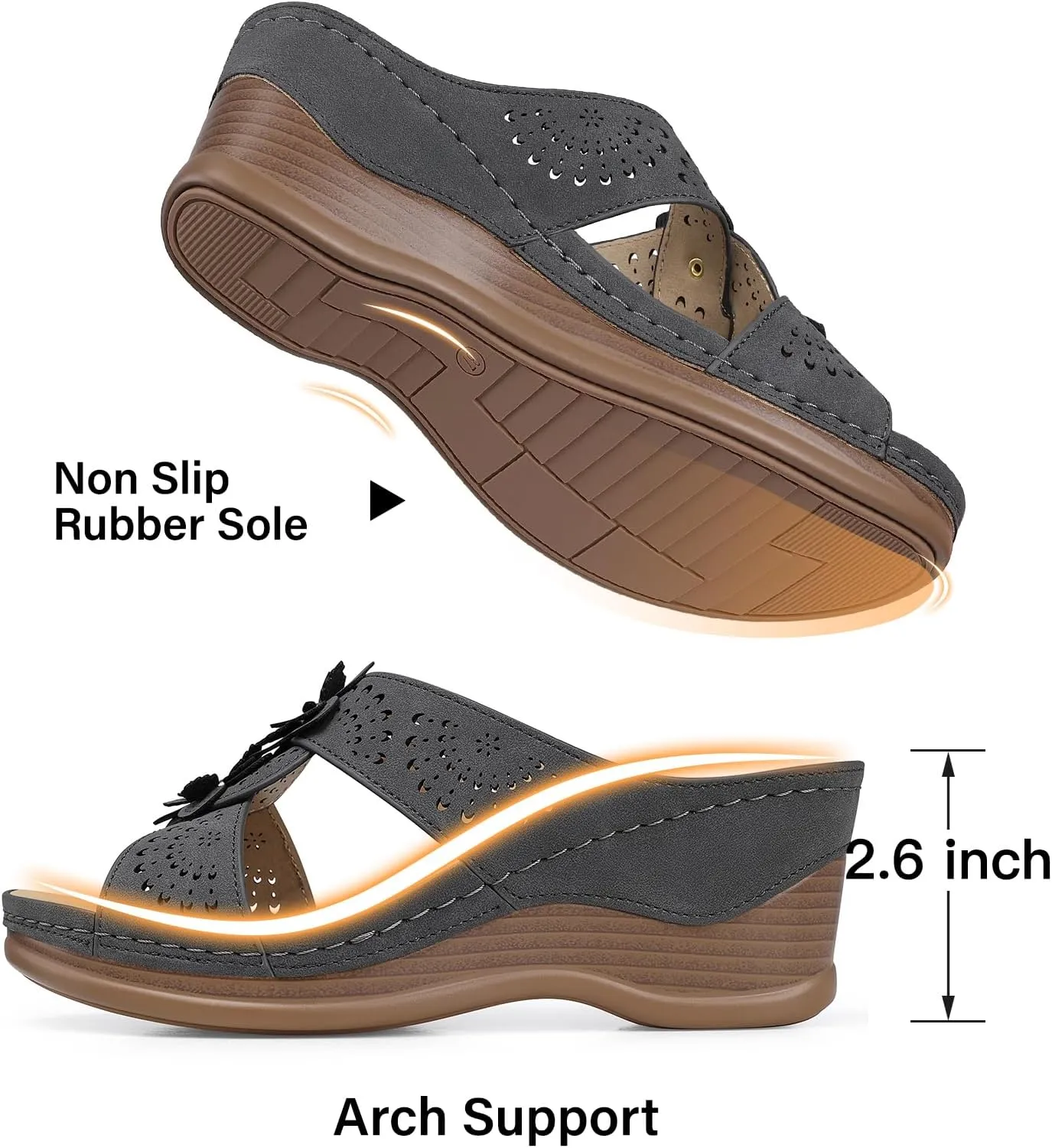 TEMOFON Womens Wedge Sandals Leather: Dressy Sandal, Rubber Sole, Comfortable Walking, Casual Slip on Summer Shoes, Size 5-11