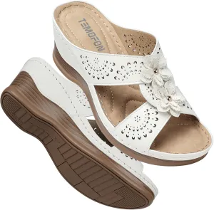 TEMOFON Womens Wedge Sandals Leather: Dressy Sandal, Rubber Sole, Comfortable Walking, Casual Slip on Summer Shoes, Size 5-11