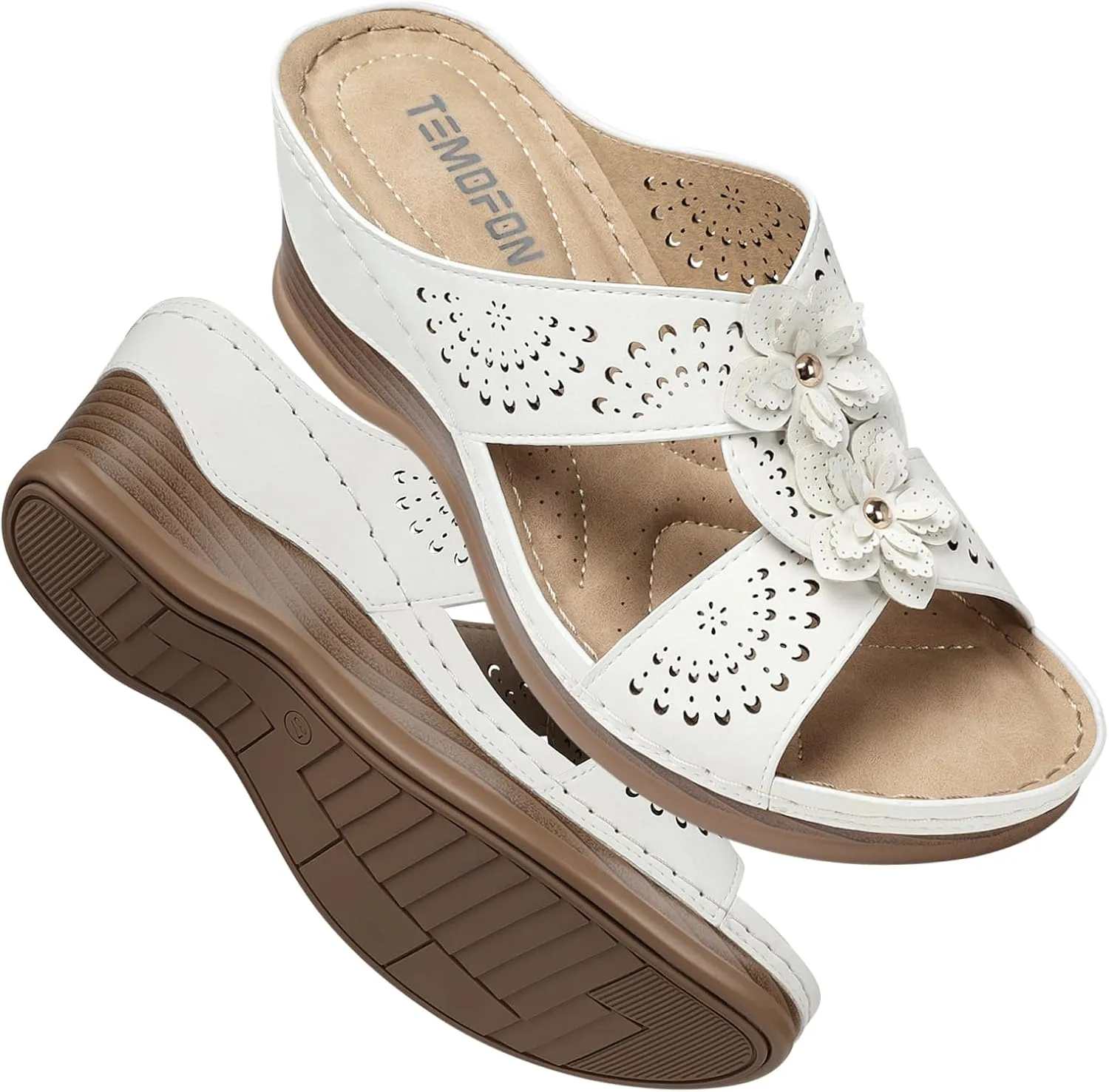 TEMOFON Womens Wedge Sandals Leather: Dressy Sandal, Rubber Sole, Comfortable Walking, Casual Slip on Summer Shoes, Size 5-11