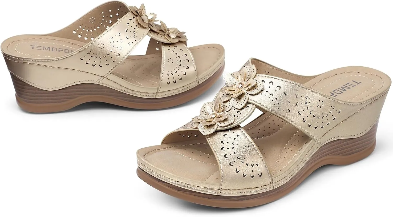 TEMOFON Womens Wedge Sandals Leather: Dressy Sandal, Rubber Sole, Comfortable Walking, Casual Slip on Summer Shoes, Size 5-11