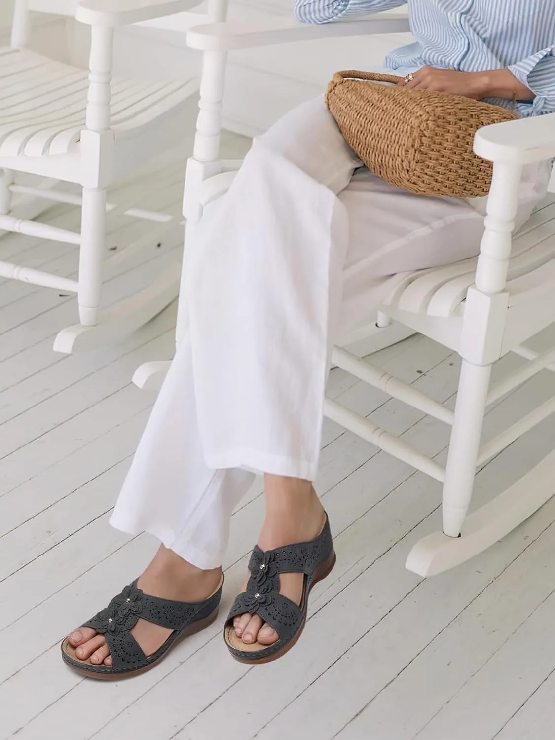 TEMOFON Womens Wedge Sandals Leather: Dressy Sandal, Rubber Sole, Comfortable Walking, Casual Slip on Summer Shoes, Size 5-11
