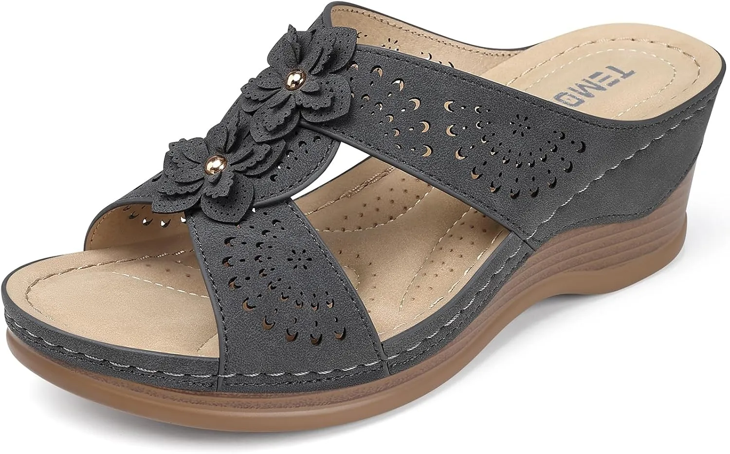 TEMOFON Womens Wedge Sandals Leather: Dressy Sandal, Rubber Sole, Comfortable Walking, Casual Slip on Summer Shoes, Size 5-11