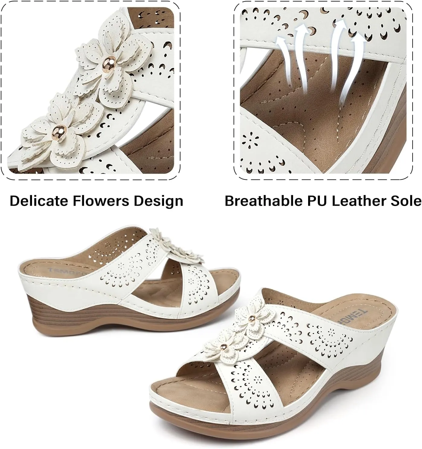 TEMOFON Womens Wedge Sandals Leather: Dressy Sandal, Rubber Sole, Comfortable Walking, Casual Slip on Summer Shoes, Size 5-11
