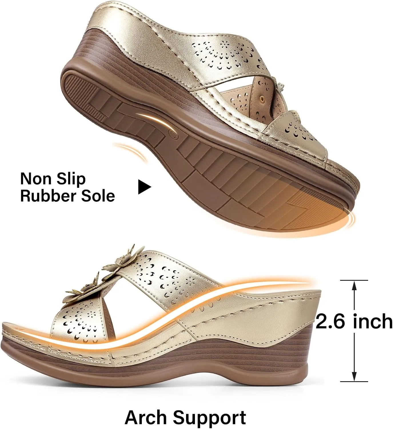 TEMOFON Womens Wedge Sandals Leather: Dressy Sandal, Rubber Sole, Comfortable Walking, Casual Slip on Summer Shoes, Size 5-11