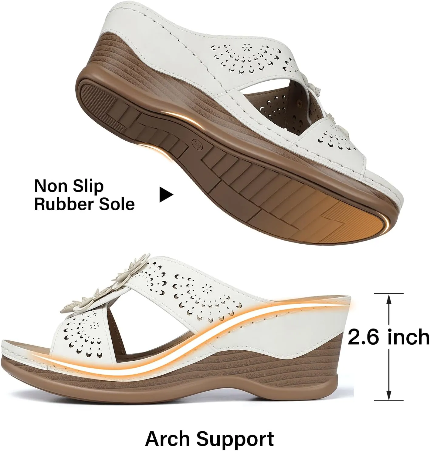 TEMOFON Womens Wedge Sandals Leather: Dressy Sandal, Rubber Sole, Comfortable Walking, Casual Slip on Summer Shoes, Size 5-11