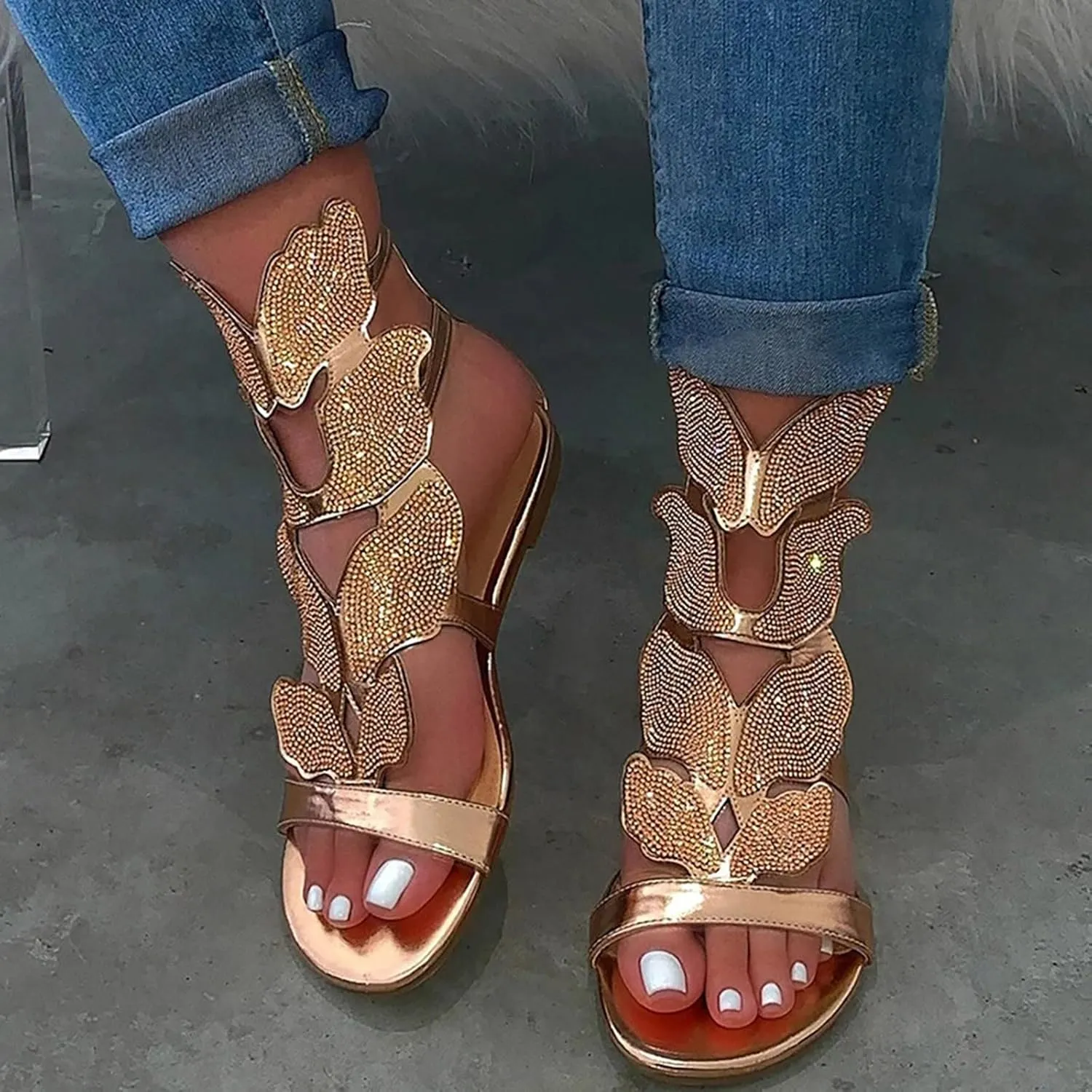 Temperament Flat Bottom Sandals for Women Minimalist Summer Casual Cool Shoes Rhinestone Decorative Sandals