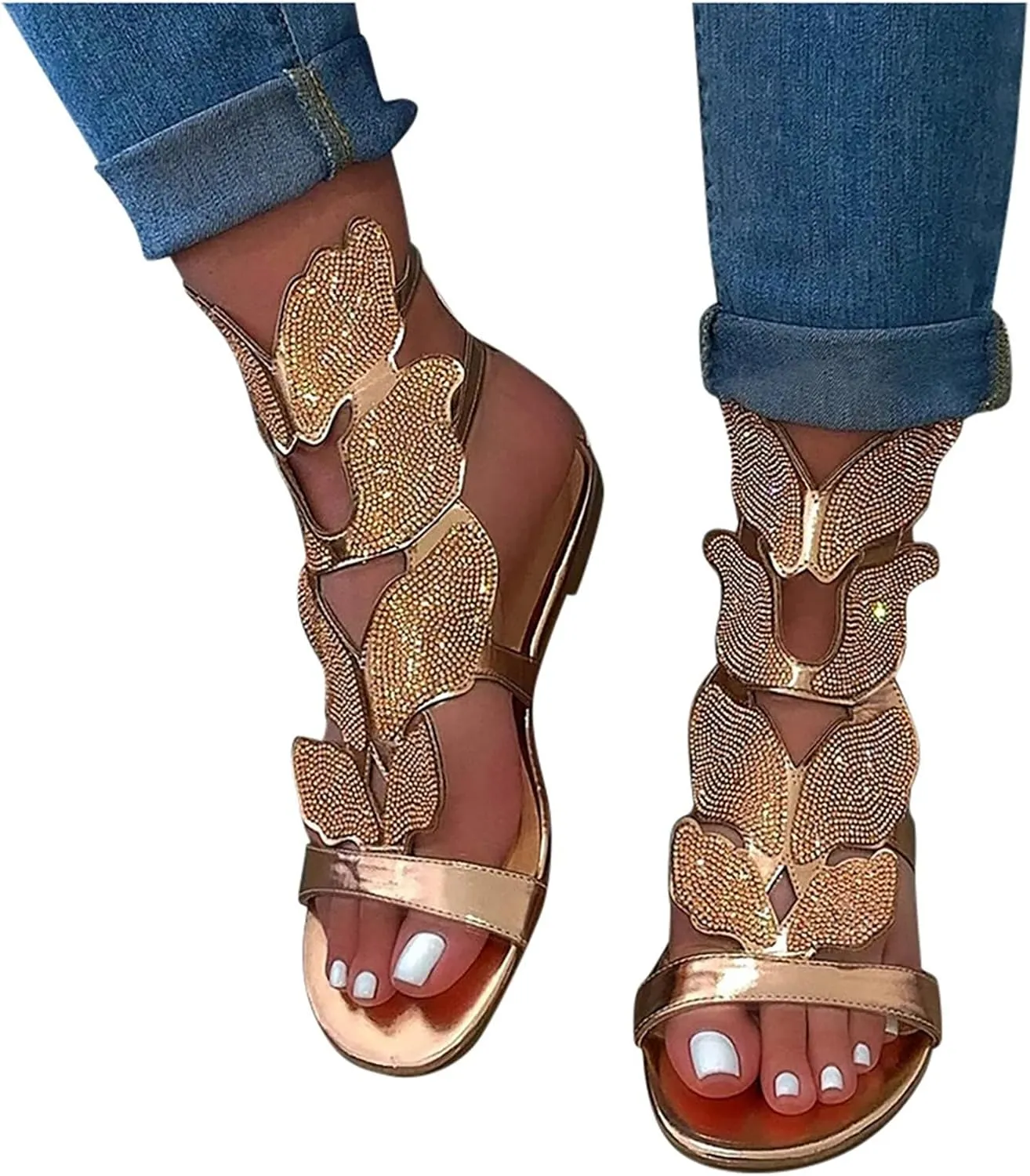 Temperament Flat Bottom Sandals for Women Minimalist Summer Casual Cool Shoes Rhinestone Decorative Sandals