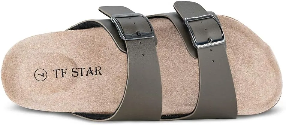 TF STAR Women 2-Strap Adjustable Buckle, Flat Casual Cork Slide Sandals,Slide Cork Footbed Sandals for Women