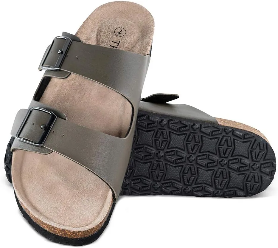 TF STAR Women 2-Strap Adjustable Buckle, Flat Casual Cork Slide Sandals,Slide Cork Footbed Sandals for Women