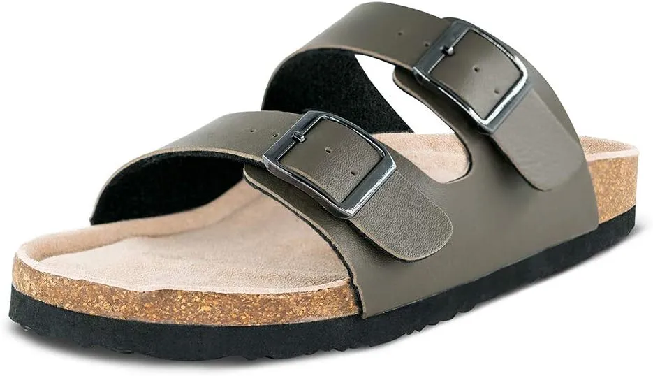 TF STAR Women 2-Strap Adjustable Buckle, Flat Casual Cork Slide Sandals,Slide Cork Footbed Sandals for Women