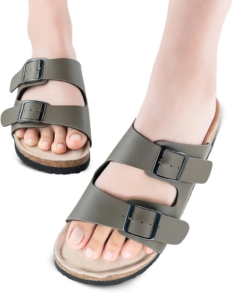 TF STAR Women 2-Strap Adjustable Buckle, Flat Casual Cork Slide Sandals,Slide Cork Footbed Sandals for Women