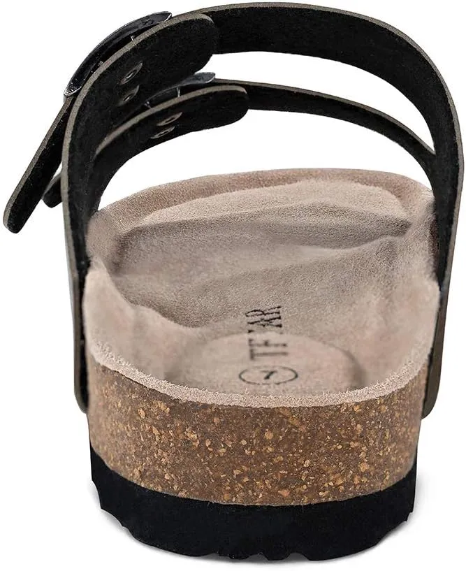 TF STAR Women 2-Strap Adjustable Buckle, Flat Casual Cork Slide Sandals,Slide Cork Footbed Sandals for Women