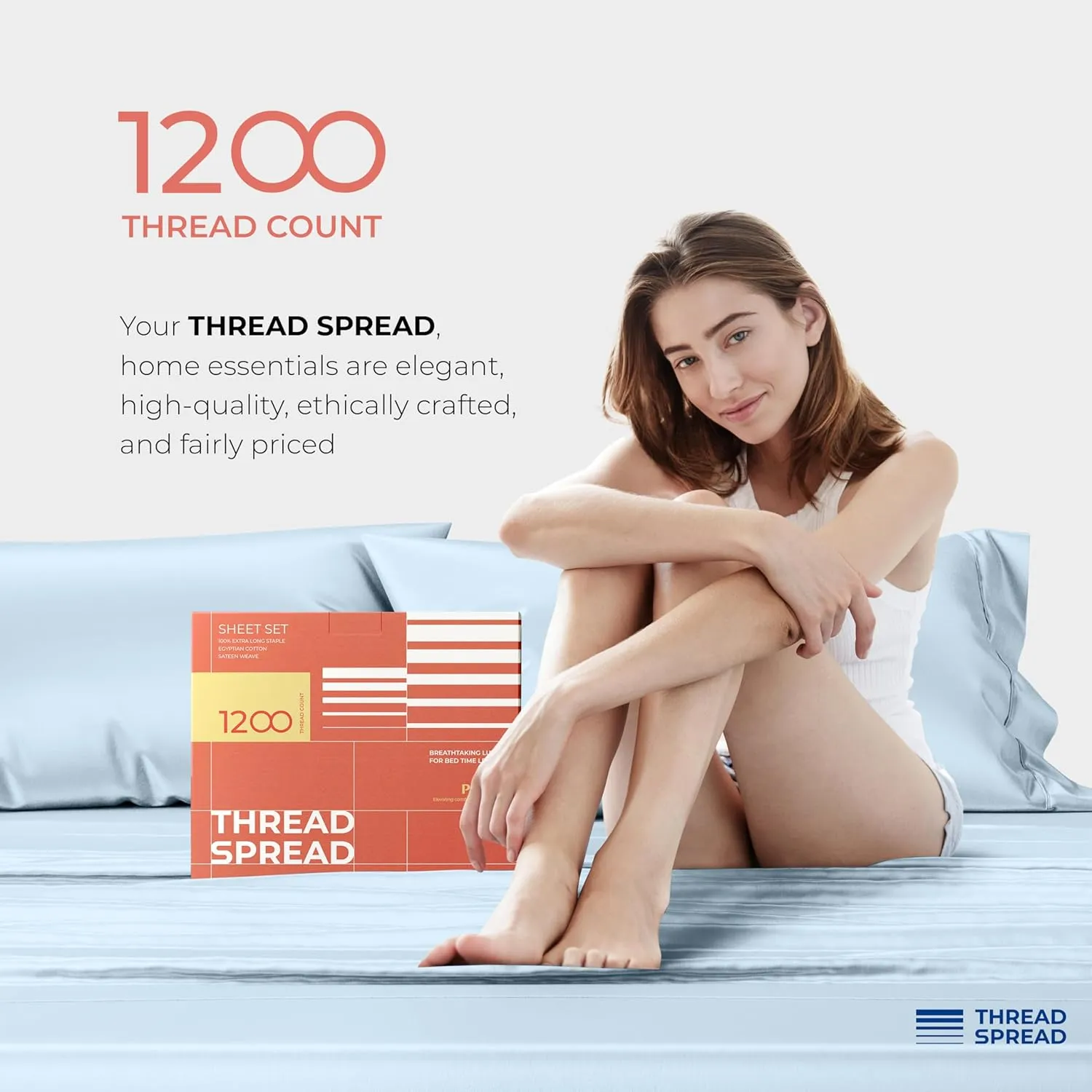 THREAD SPREAD 100% Egyptian Cotton Sheets Queen Size - 1200 Thread Count 4 PC Queen Sheet Set Egyptian Cotton, Sateen Luxury Sheets Queen Size, High Thread Count Sheets, 17" Deep Pocket - Light Blue