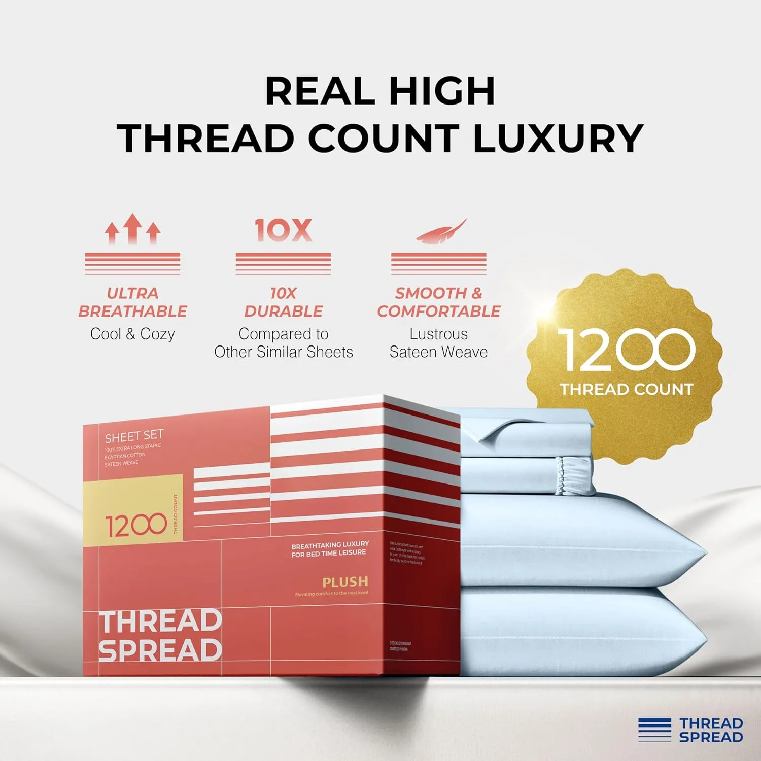 THREAD SPREAD 100% Egyptian Cotton Sheets Queen Size - 1200 Thread Count 4 PC Queen Sheet Set Egyptian Cotton, Sateen Luxury Sheets Queen Size, High Thread Count Sheets, 17" Deep Pocket - Light Blue