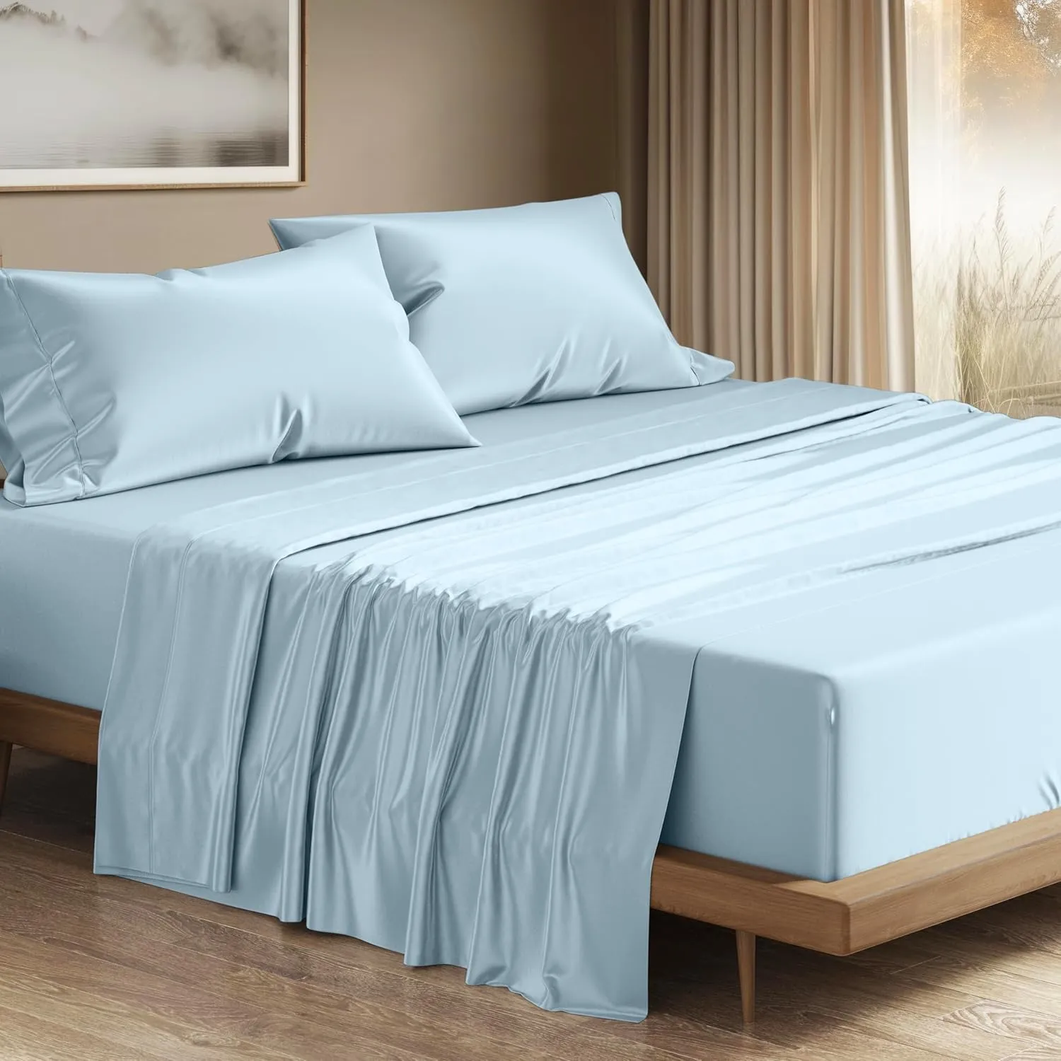 THREAD SPREAD 100% Egyptian Cotton Sheets Queen Size - 1200 Thread Count 4 PC Queen Sheet Set Egyptian Cotton, Sateen Luxury Sheets Queen Size, High Thread Count Sheets, 17" Deep Pocket - Light Blue