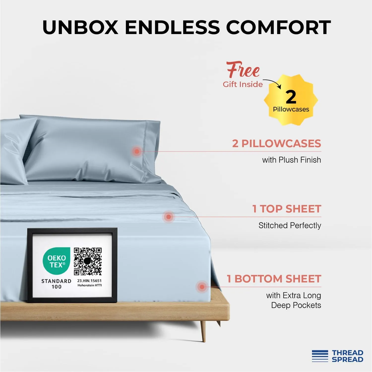 THREAD SPREAD 100% Egyptian Cotton Sheets Queen Size - 1200 Thread Count 4 PC Queen Sheet Set Egyptian Cotton, Sateen Luxury Sheets Queen Size, High Thread Count Sheets, 17" Deep Pocket - Light Blue