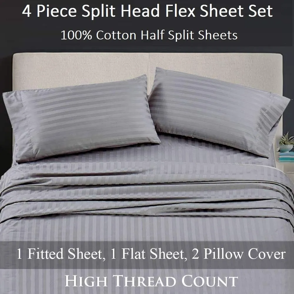 Top Split King Sheets Sets (4 Pcs) - Flex Head King Sheets Sets for Adjustable Beds - 100% Egyptian Cotton - Sleep Number Sheets Split Top King - 15" Deep Pocket - Cooling & Comfy - Light Grey Stripe