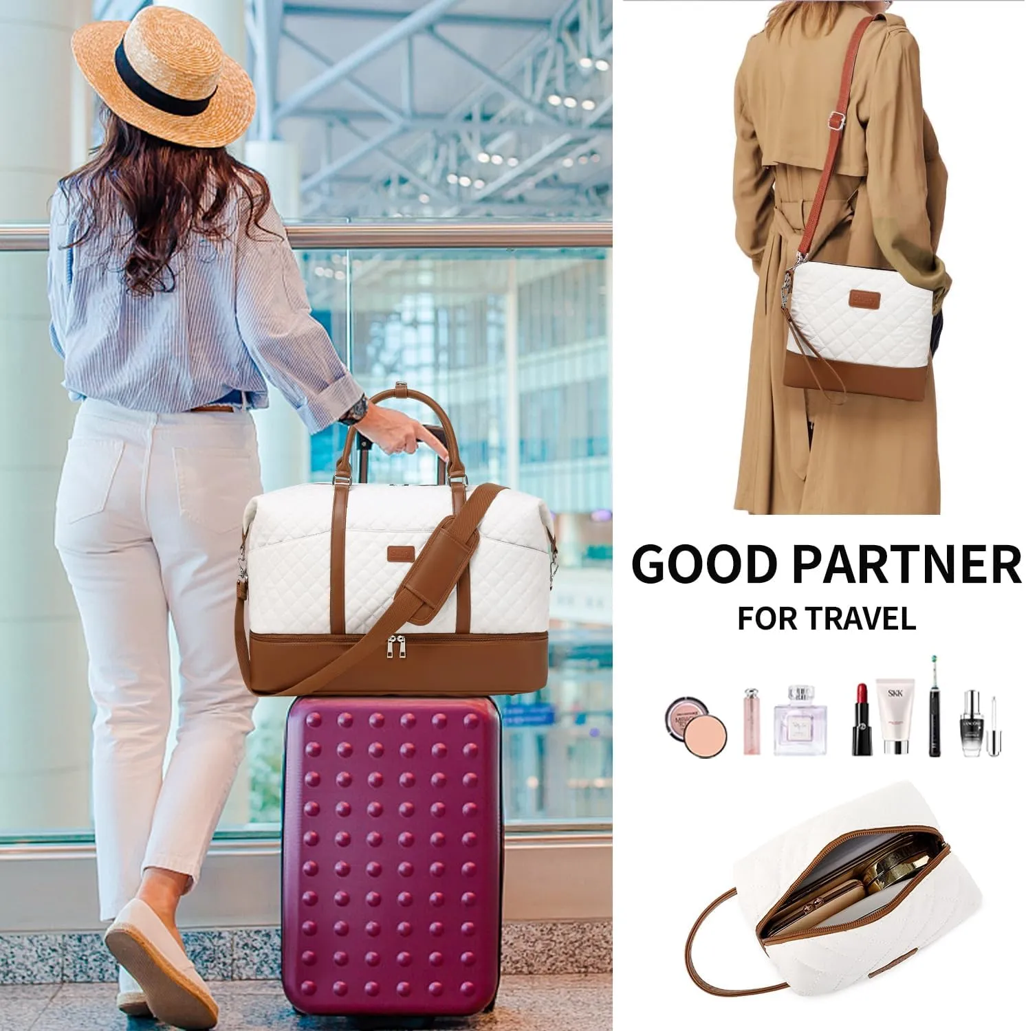 Travel Bag for Women: 21" Large Weekender Bags for Women with Shoe Compartment & Toiletry Bags, 3PCS Overnight Duffel Tote for Carry on Weekend Travel Business Trip Airplane Traveling, Gym