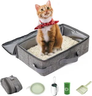 Travel Litter Box for Cats, Leak-Proof, Odor Control, Easy Cleaning, Portable Collapsible with Lid, Grey, M