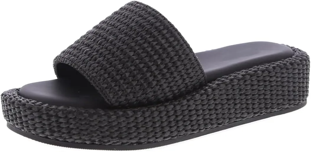 TruFox Raffia Platform Sandals for Women - Summer Slides Comfortable Straw Wedge Slip On