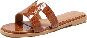 TRULAND H Strap Flat Slide Sandals for Women - Cute Fashion Open Square Toe Summer Dressy Sandals