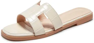 TRULAND H Strap Flat Slide Sandals for Women - Cute Fashion Open Square Toe Summer Dressy Sandals