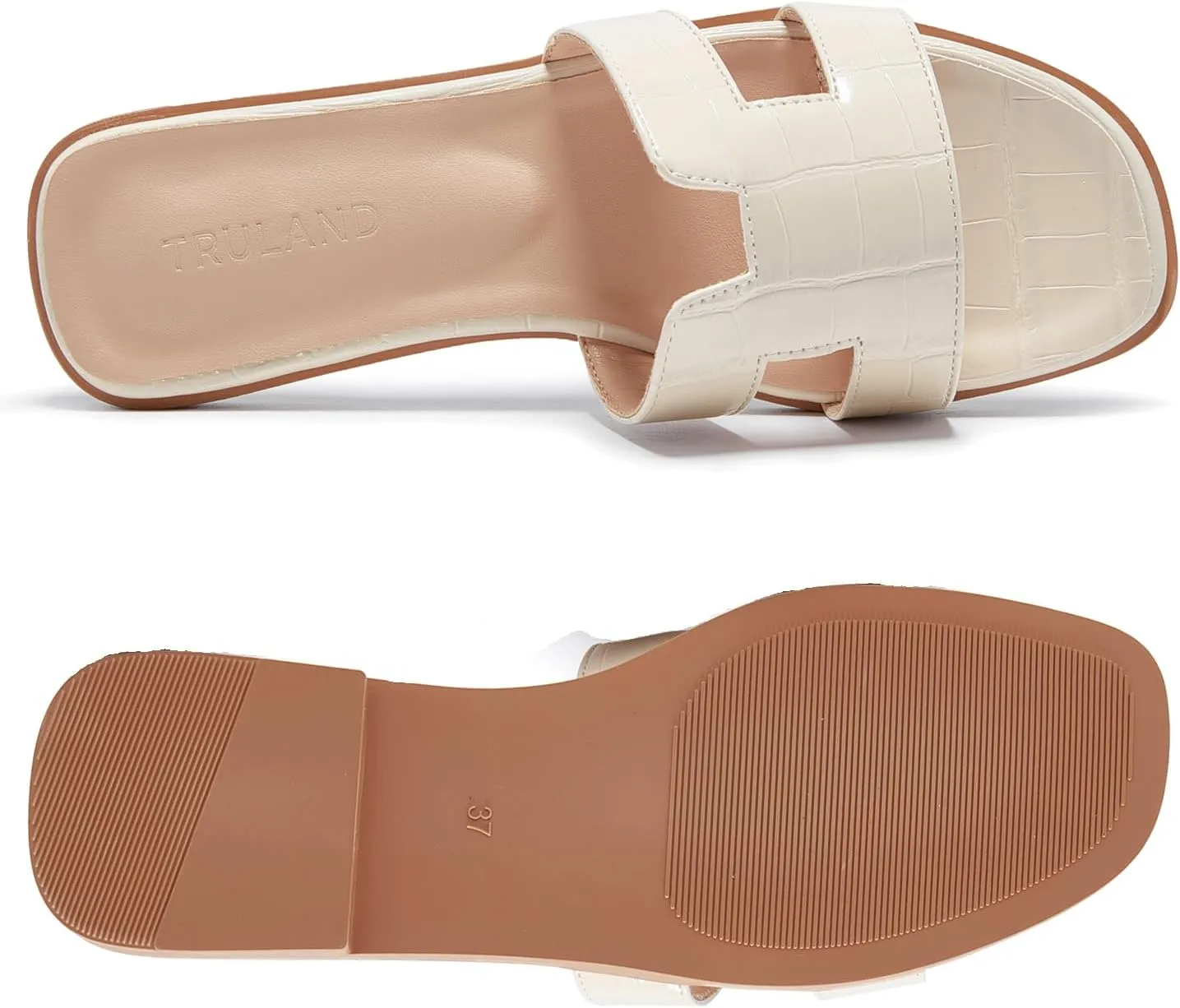 TRULAND H Strap Flat Slide Sandals for Women - Cute Fashion Open Square Toe Summer Dressy Sandals