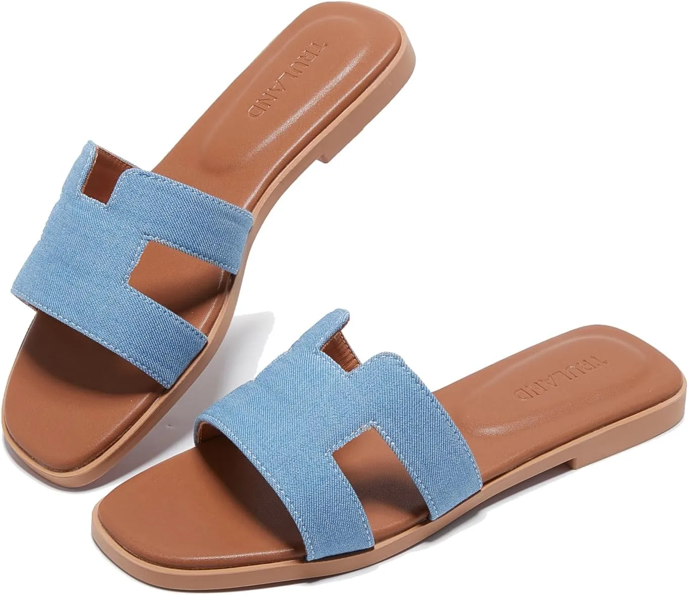 TRULAND H Strap Flat Slide Sandals for Women - Cute Fashion Open Square Toe Summer Dressy Sandals