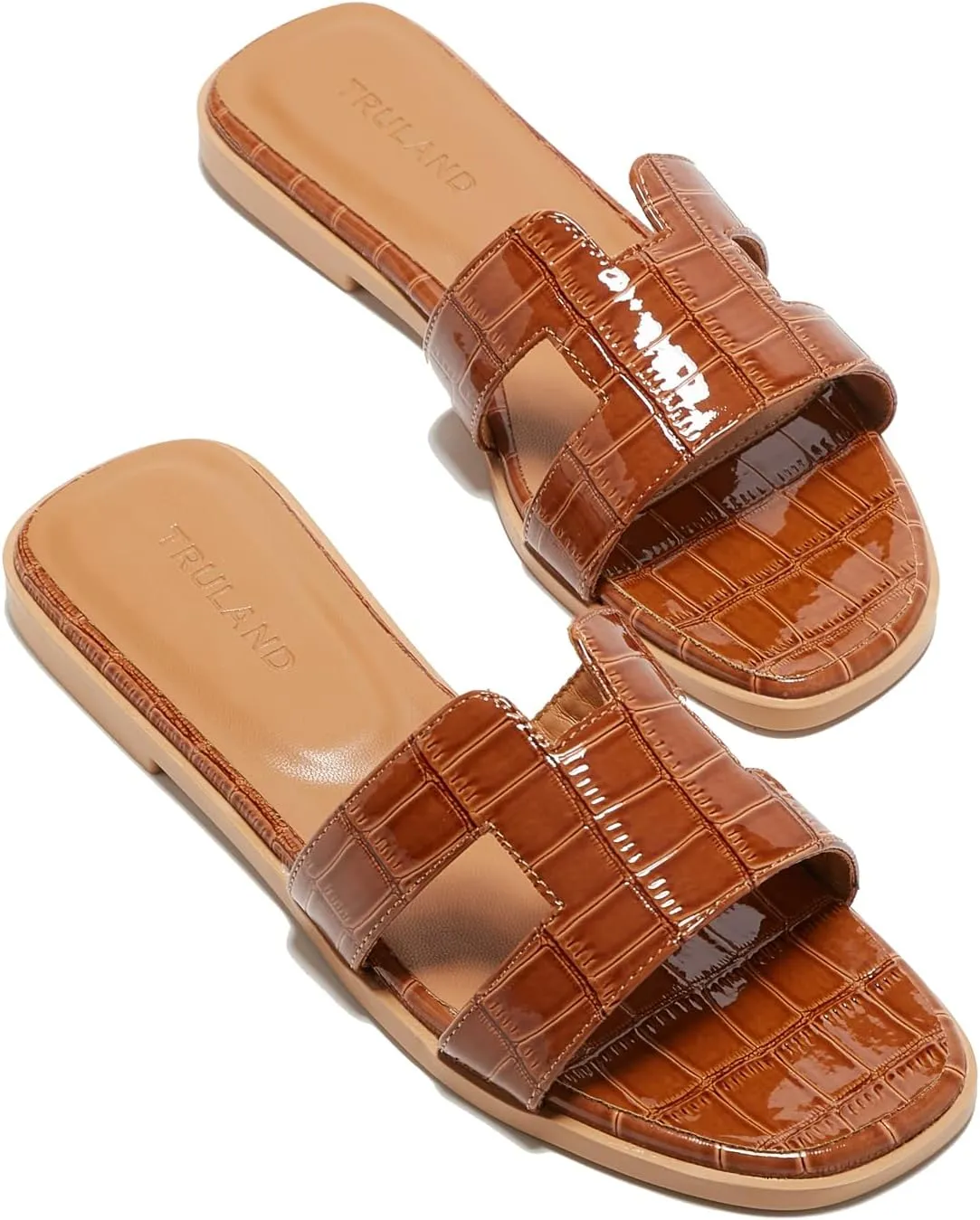 TRULAND H Strap Flat Slide Sandals for Women - Cute Fashion Open Square Toe Summer Dressy Sandals