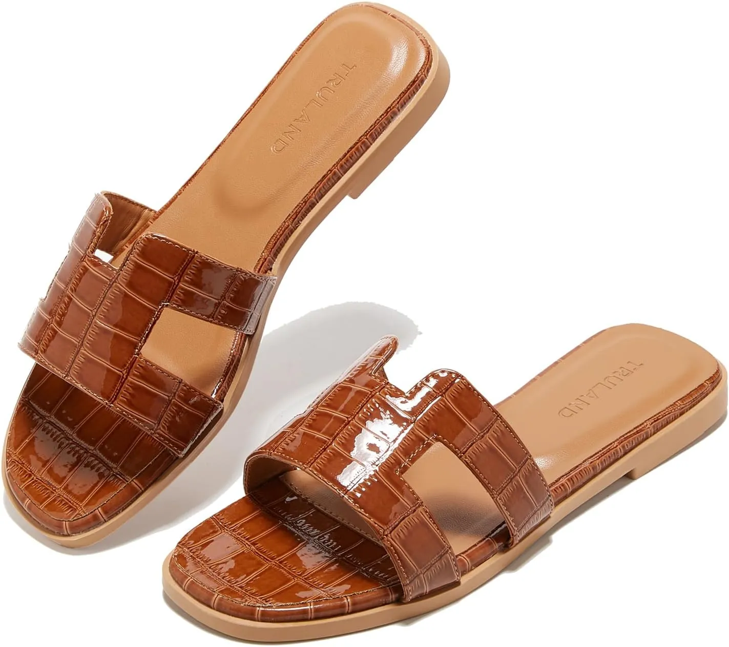 TRULAND H Strap Flat Slide Sandals for Women - Cute Fashion Open Square Toe Summer Dressy Sandals