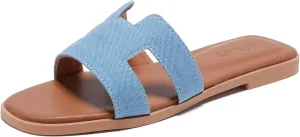TRULAND H Strap Flat Slide Sandals for Women - Cute Fashion Open Square Toe Summer Dressy Sandals