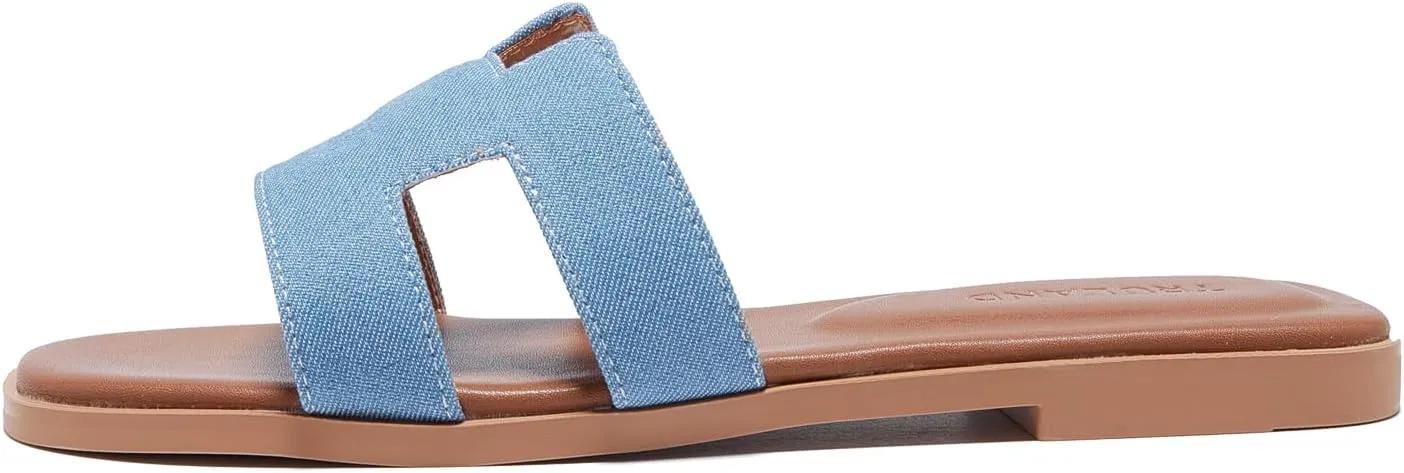 TRULAND H Strap Flat Slide Sandals for Women - Cute Fashion Open Square Toe Summer Dressy Sandals