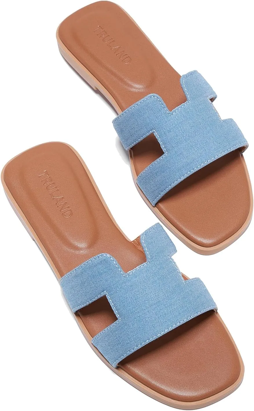 TRULAND H Strap Flat Slide Sandals for Women - Cute Fashion Open Square Toe Summer Dressy Sandals