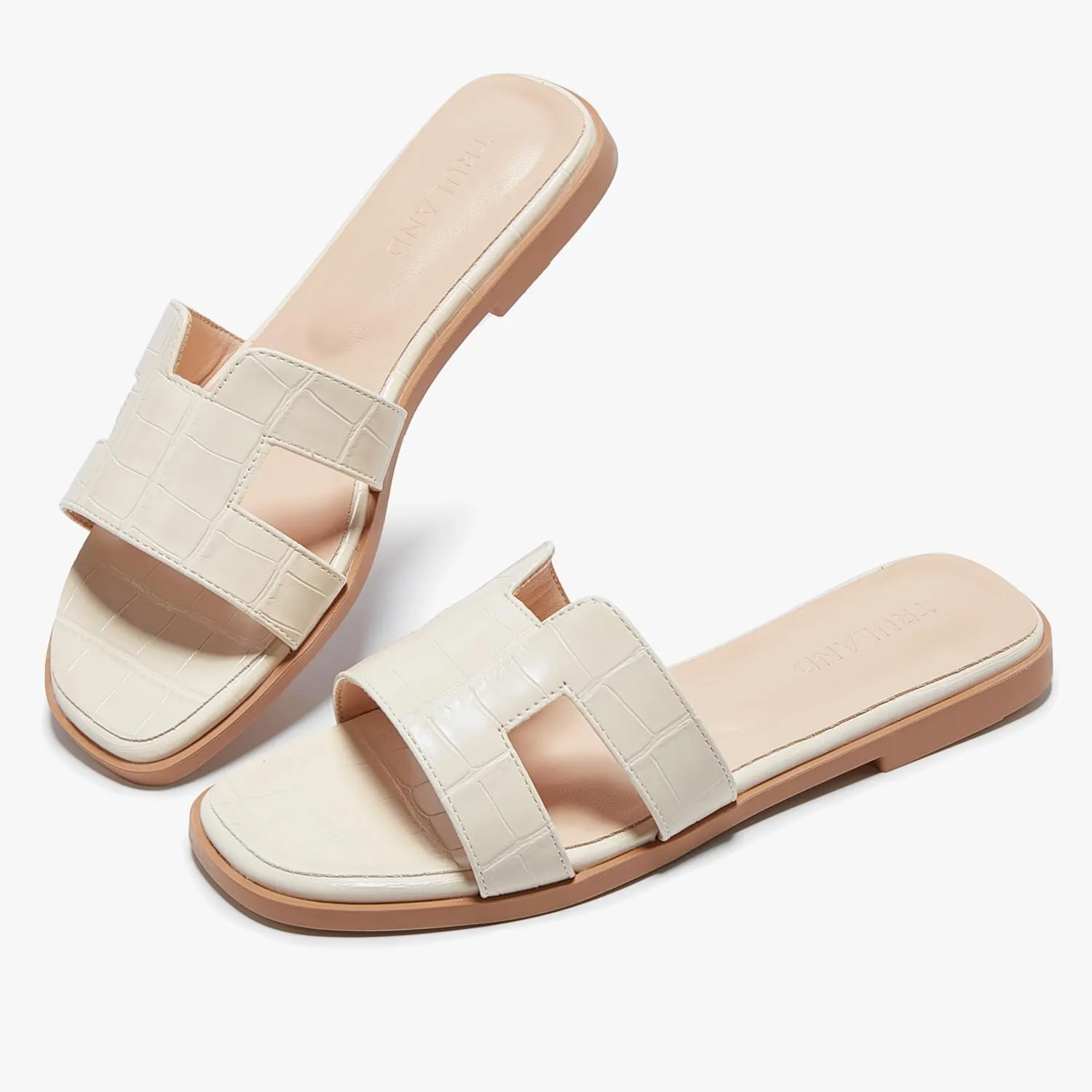 TRULAND H Strap Flat Slide Sandals for Women - Cute Fashion Open Square Toe Summer Dressy Sandals