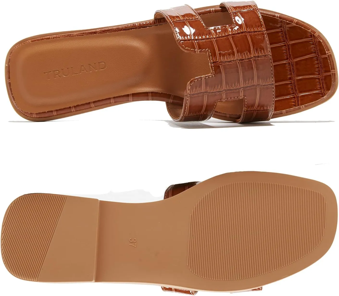 TRULAND H Strap Flat Slide Sandals for Women - Cute Fashion Open Square Toe Summer Dressy Sandals