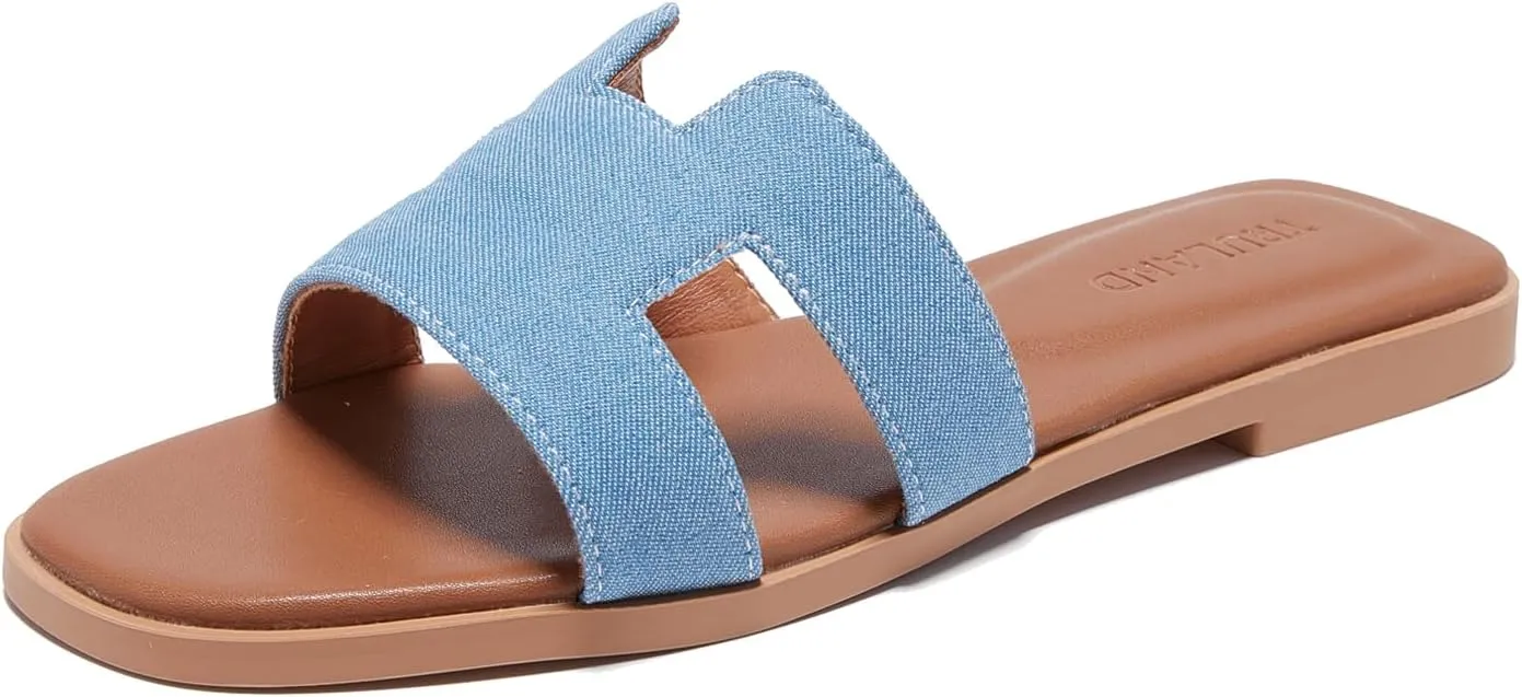 TRULAND H Strap Flat Slide Sandals for Women - Cute Fashion Open Square Toe Summer Dressy Sandals