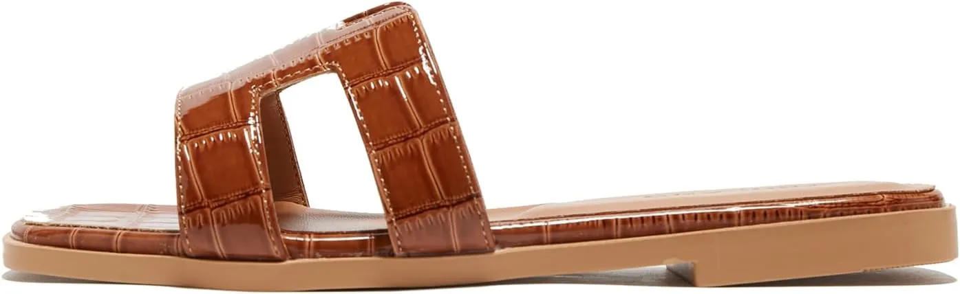 TRULAND H Strap Flat Slide Sandals for Women - Cute Fashion Open Square Toe Summer Dressy Sandals