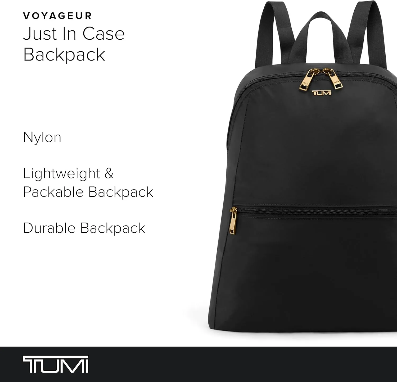 TUMI - Just In Case Foldable Backpack - Lightweight, Compact Travel Backpack - For One Bag Travel - 15.5" X 12.3" X 4.5" - Black with Gold Hardware