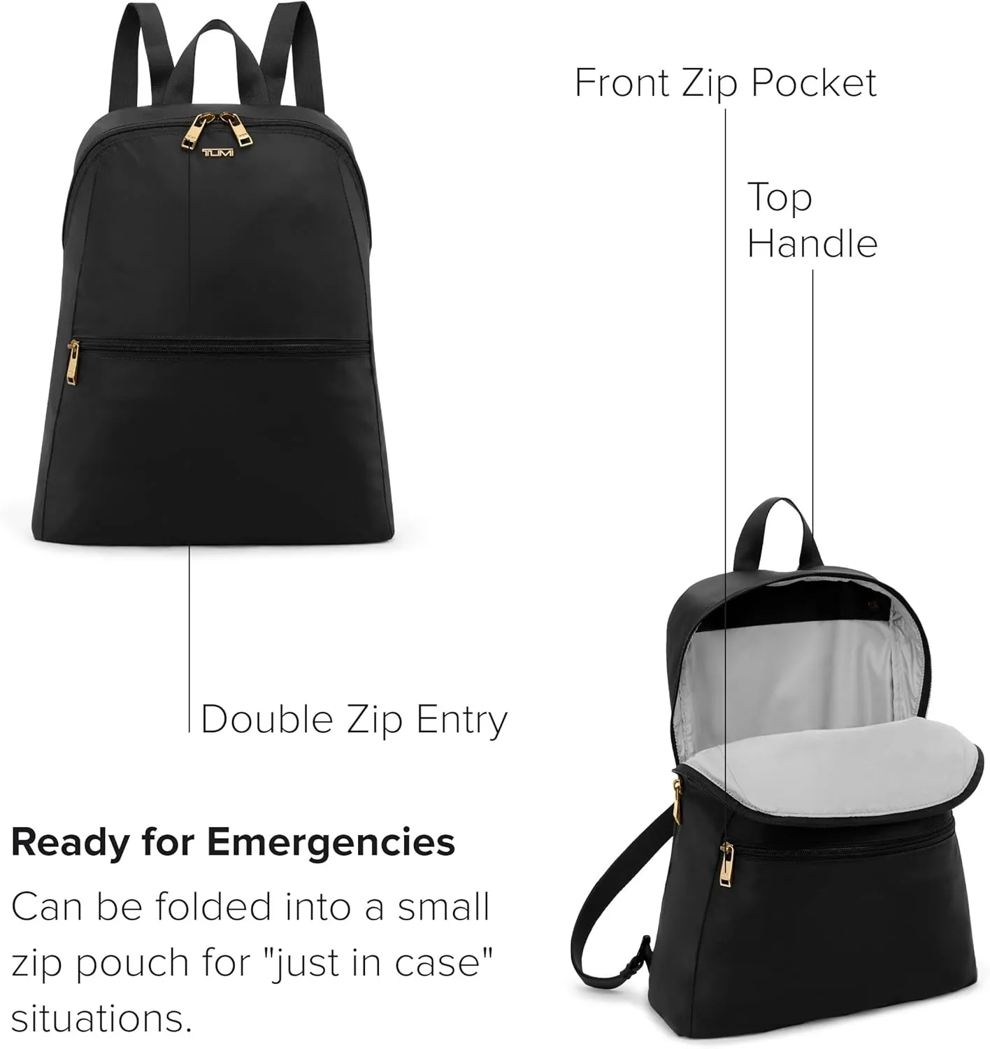 TUMI - Just In Case Foldable Backpack - Lightweight, Compact Travel Backpack - For One Bag Travel - 15.5" X 12.3" X 4.5" - Black with Gold Hardware