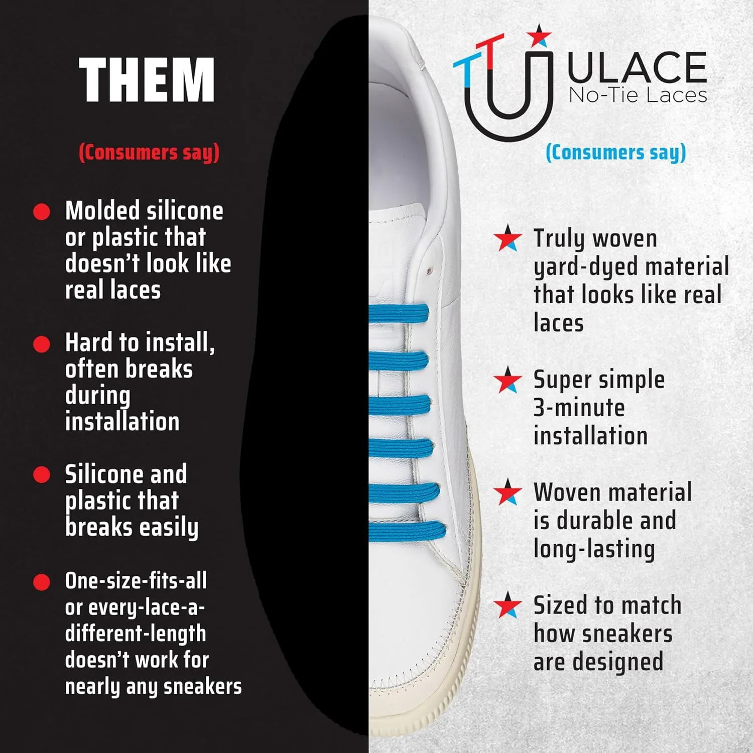 uLace Classic No-Tie Shoelaces - Elastic Shoe Laces for Sneakers | Stretchy, Elastic Laces | Easy Installation - 14 Laces