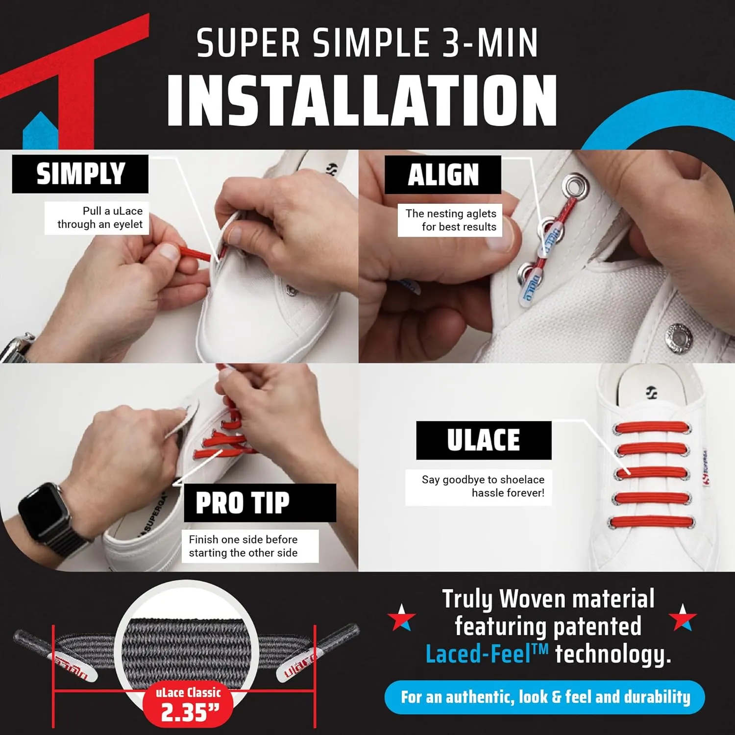uLace Classic No-Tie Shoelaces - Elastic Shoe Laces for Sneakers | Stretchy, Elastic Laces | Easy Installation - 14 Laces