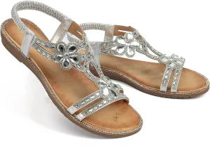 Unifizz Women's Summer Sandals Comfortable T-Strap Beaded Flower Sparkly Rhinestone Flat Elastic Sandals Dress Shoes for Outdoor Beach Wedding