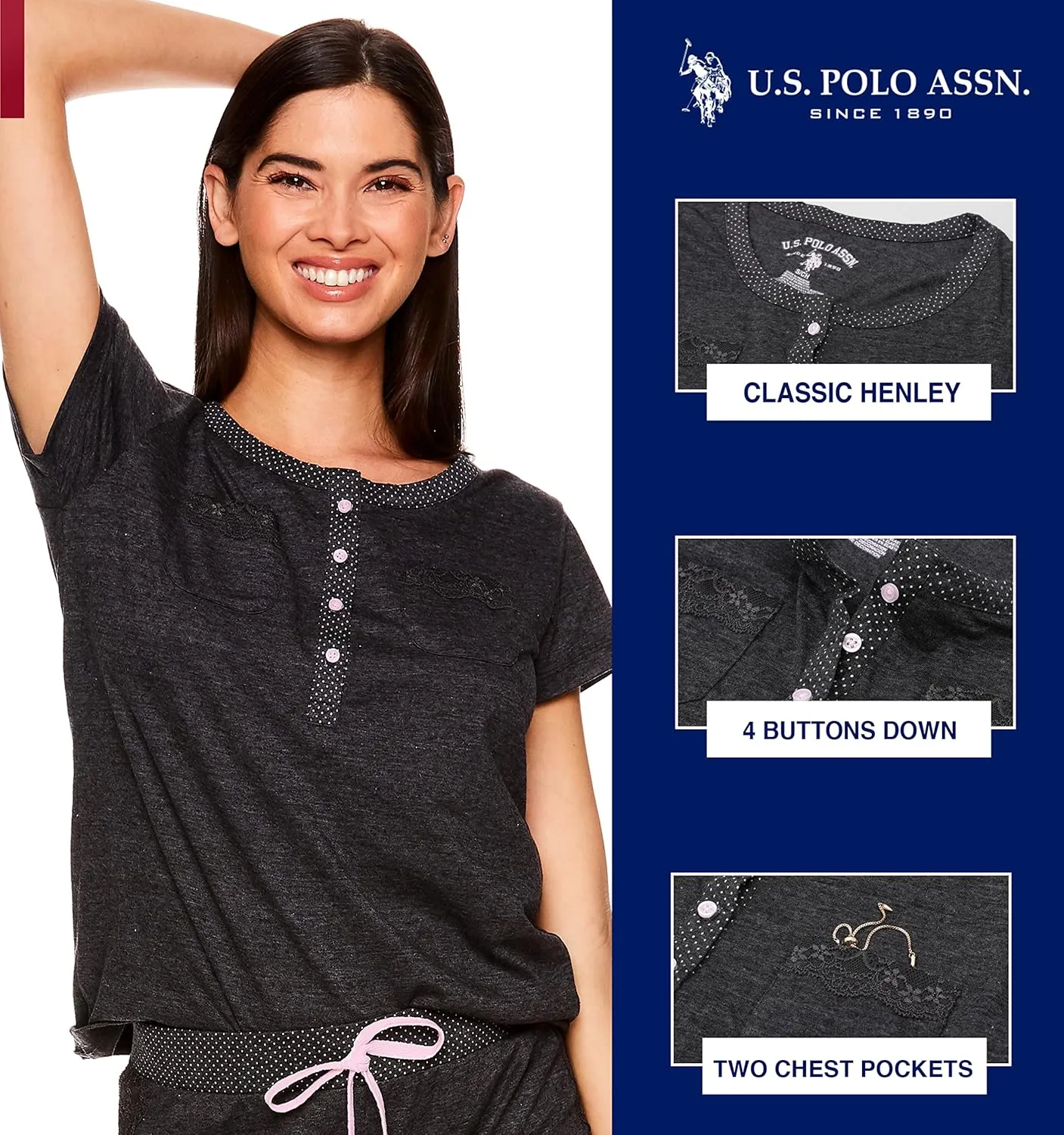 U.S. Polo Assn. Womens Pajama Set - Short Sleeve PJs with Jogger Pajama Pants…