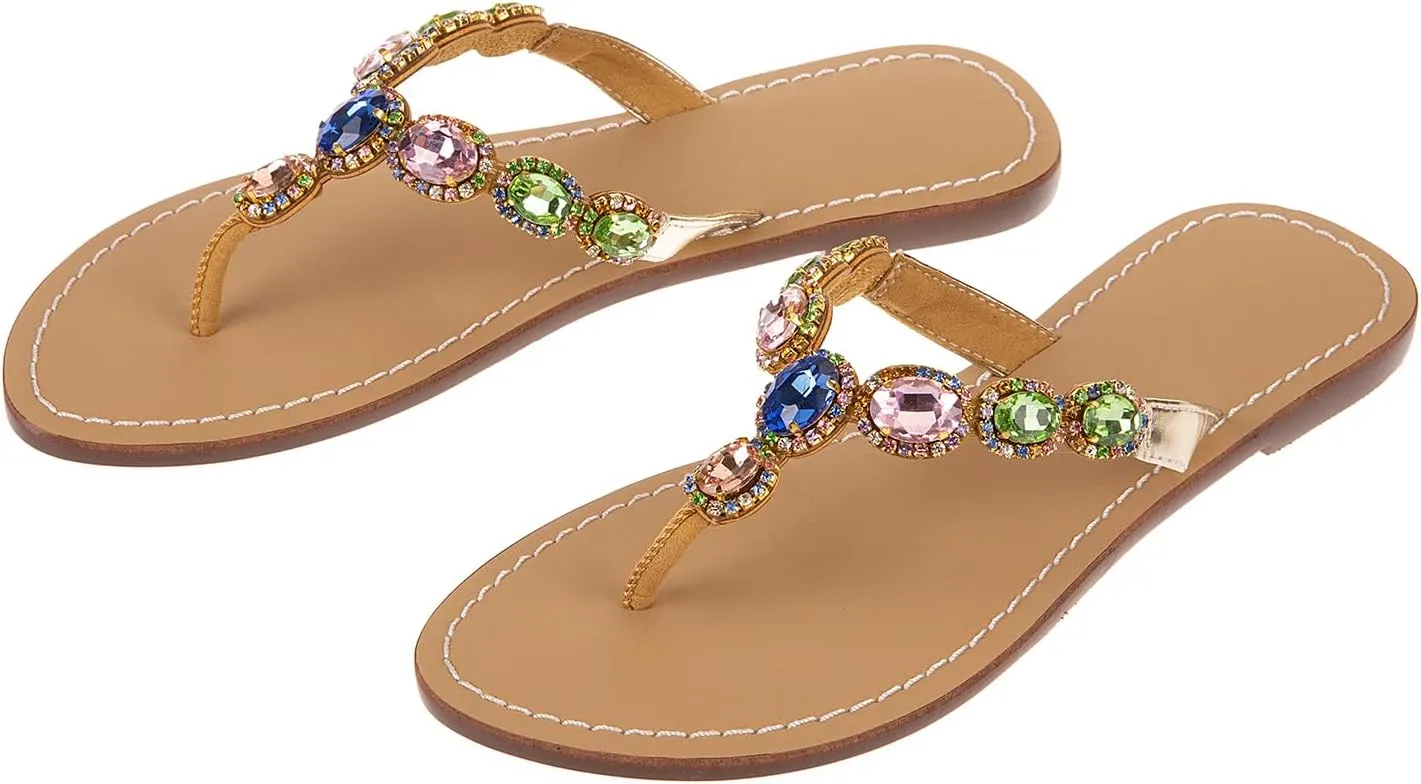 UTIKLIOU Women's Rhinestone Flat Sandals T-Strap Thong Sandals Summer Flat Sandals Flip Flop Sandals for Women