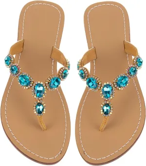 UTIKLIOU Women's Rhinestone Flat Sandals T-Strap Thong Sandals Summer Flat Sandals Flip Flop Sandals for Women