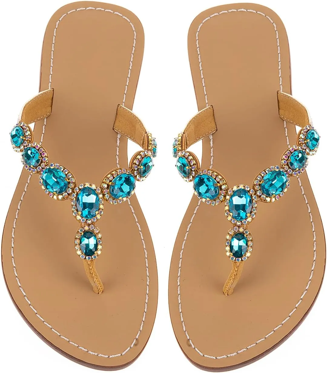 UTIKLIOU Women's Rhinestone Flat Sandals T-Strap Thong Sandals Summer Flat Sandals Flip Flop Sandals for Women