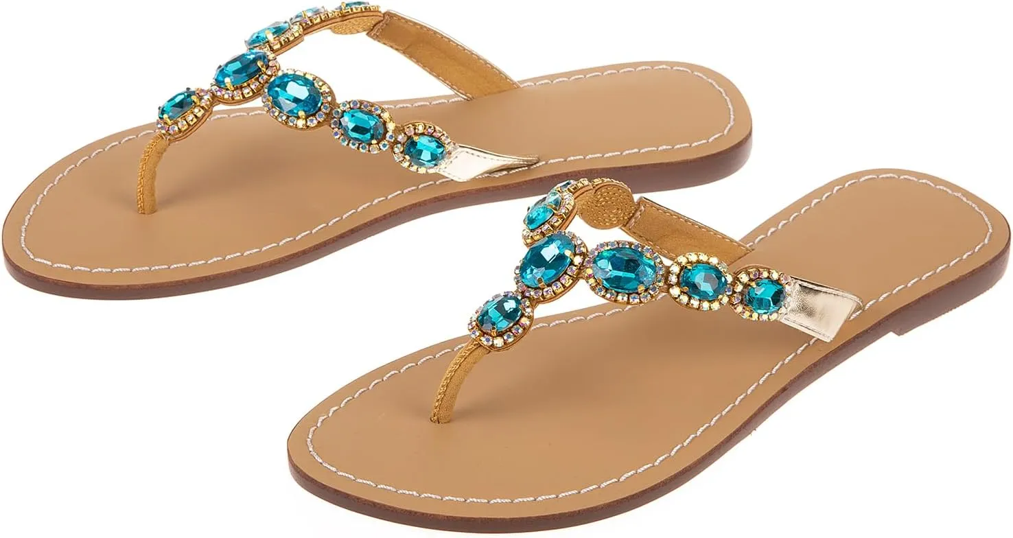 UTIKLIOU Women's Rhinestone Flat Sandals T-Strap Thong Sandals Summer Flat Sandals Flip Flop Sandals for Women